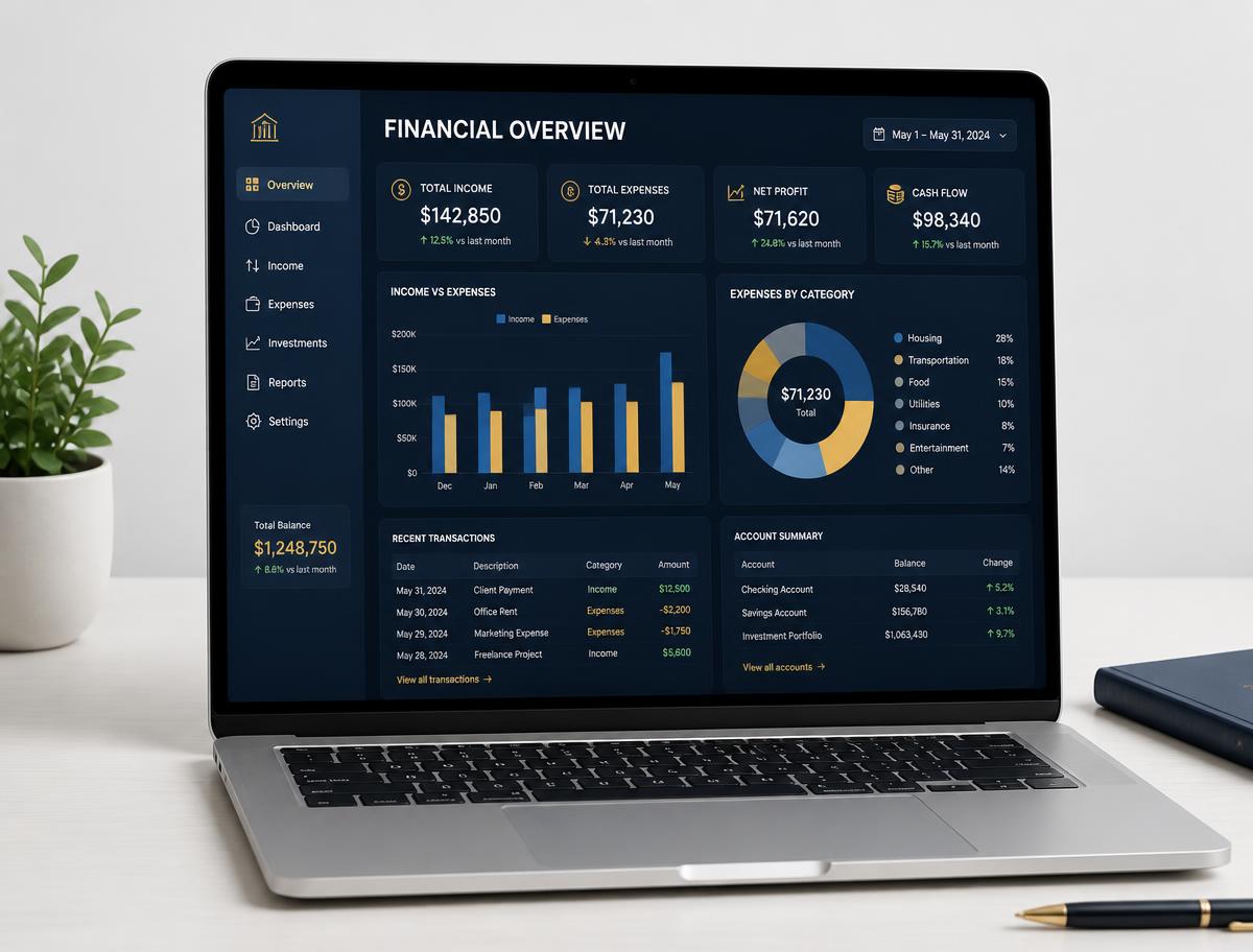 Laptop showing the Nexa Accounts financial overview dashboard with charts and reports